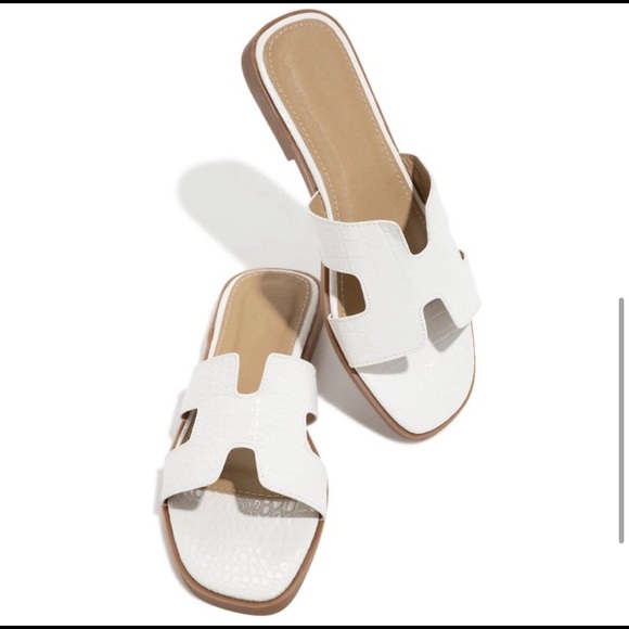 White vegan leather croc embossed slip on summer slide sandal - Picture 5 of 5